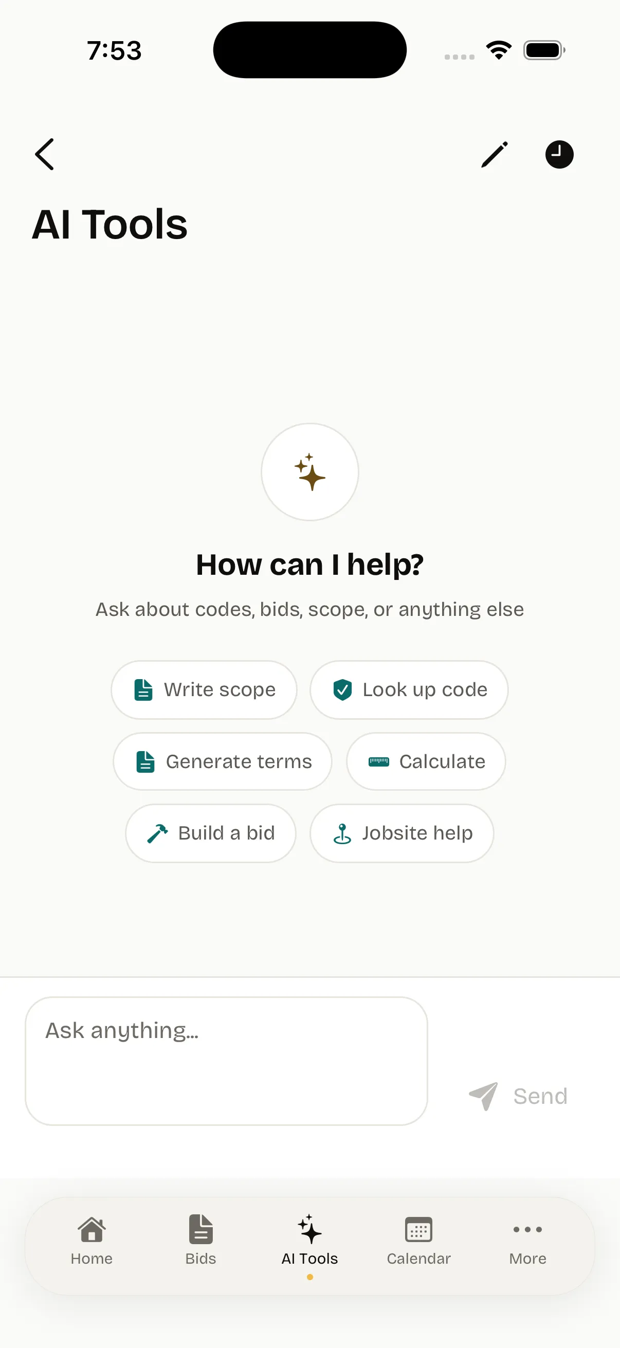 SitePro Max AI tools for contractor scopes, catalog lookup, and job math
