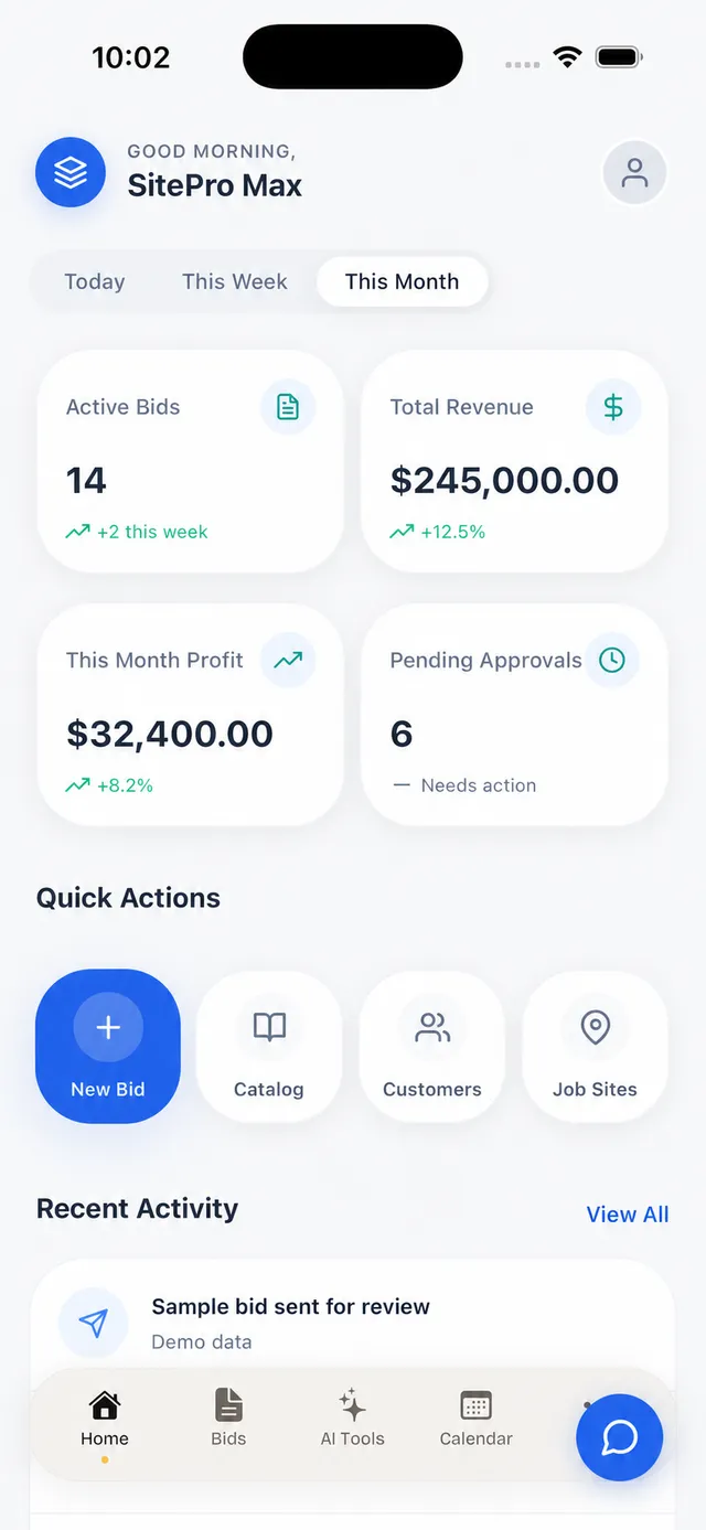 SitePro Max dashboard showing active work and job financial context